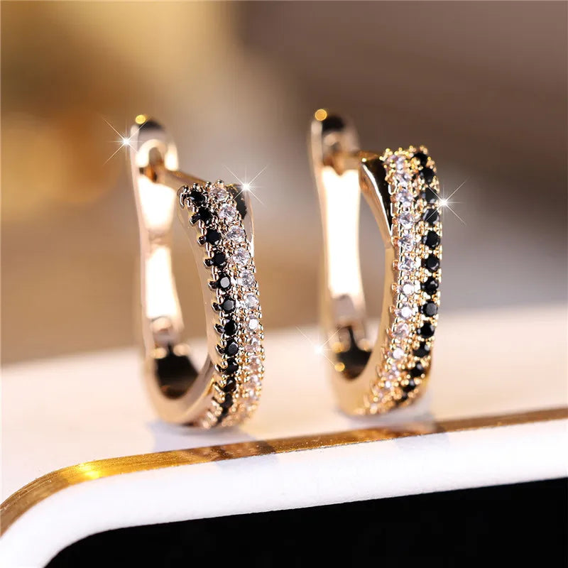 Luxury Female Black White Zircon Stone Clip Earrings Charm Gold Color Wedding Jewelry For Women