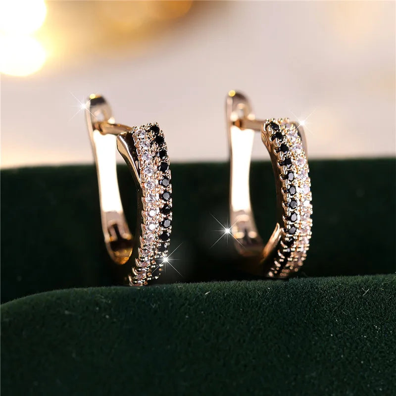 Luxury Female Black White Zircon Stone Clip Earrings Charm Gold Color Wedding Jewelry For Women