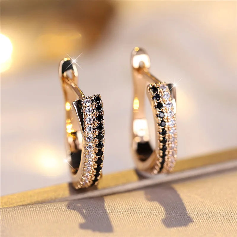 Luxury Female Black White Zircon Stone Clip Earrings Charm Gold Color Wedding Jewelry For Women